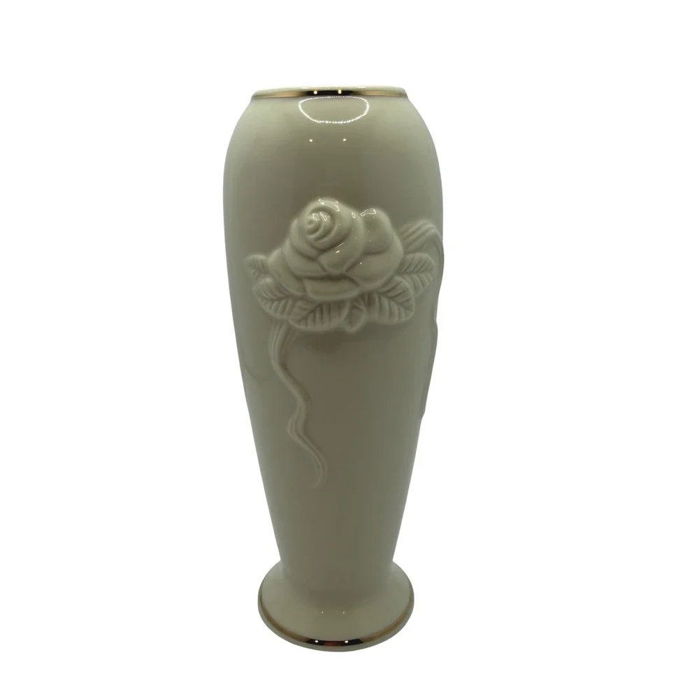Lenox Ivory Rose Bud Vase Gold Trim Embossed Floral Porcelain Vase 7.5